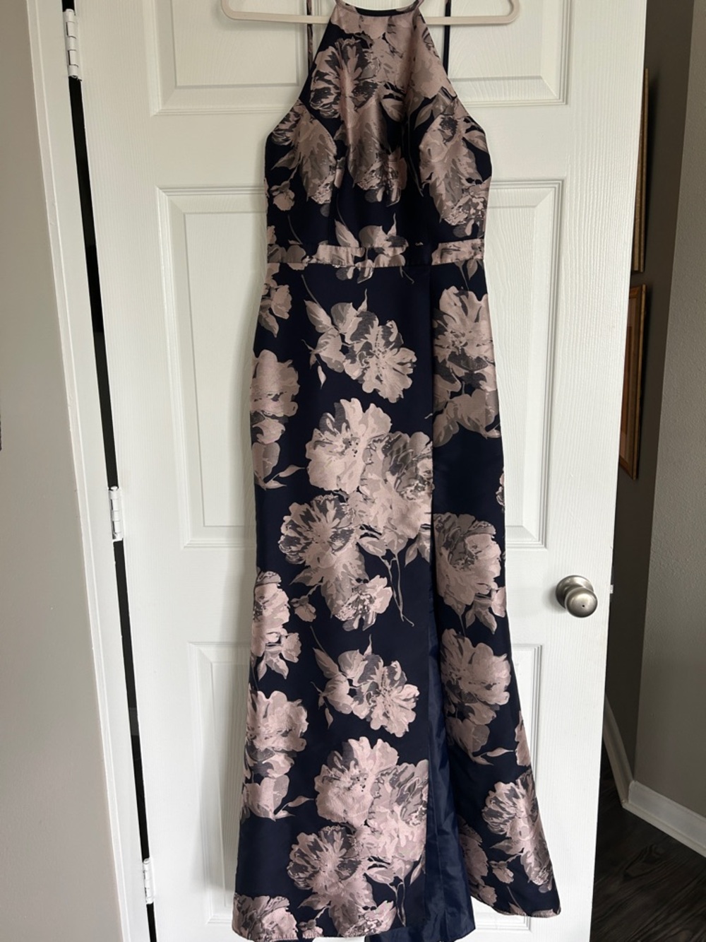 Xscape Navy Maxi Dress with Blush Floral Print